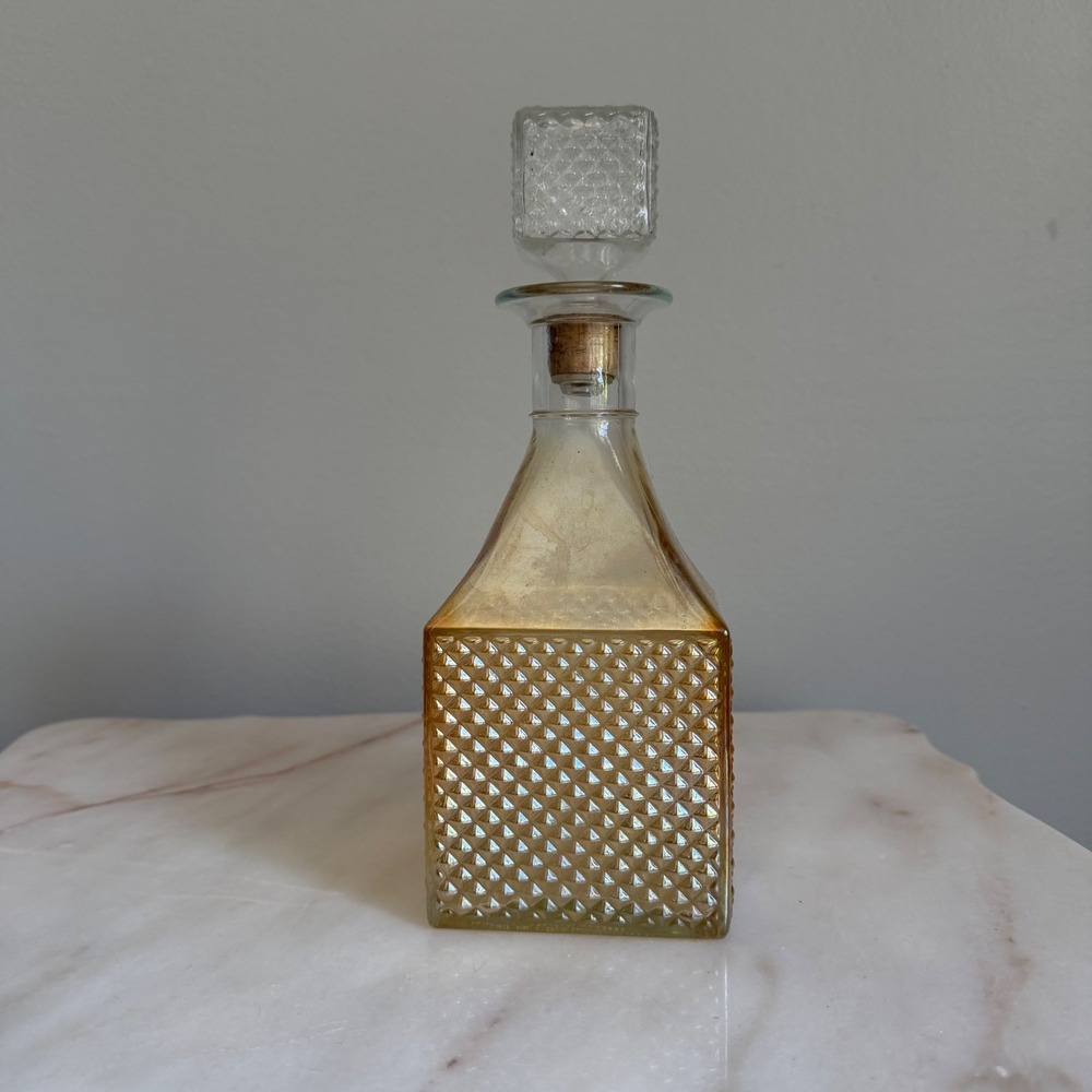 Vintage Amber Glass Decanter Square Diamond Point Hobnail Stopper Mid Century